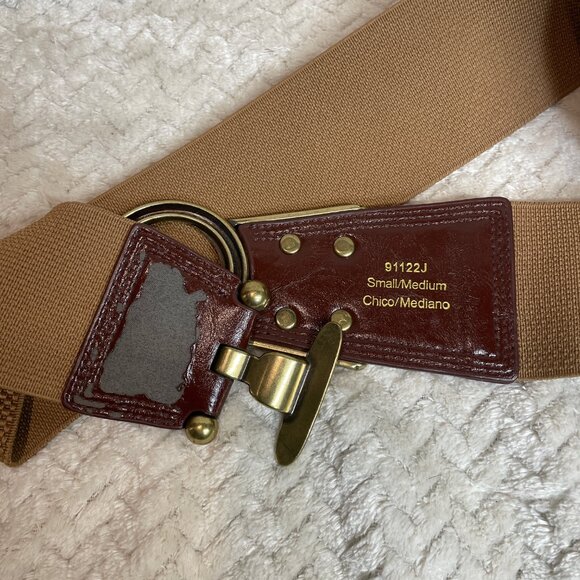 New Directions Stretch Web Waist Belt S/M Tan Gold Tone Buckle | Maximalist - Picture 3 of 7